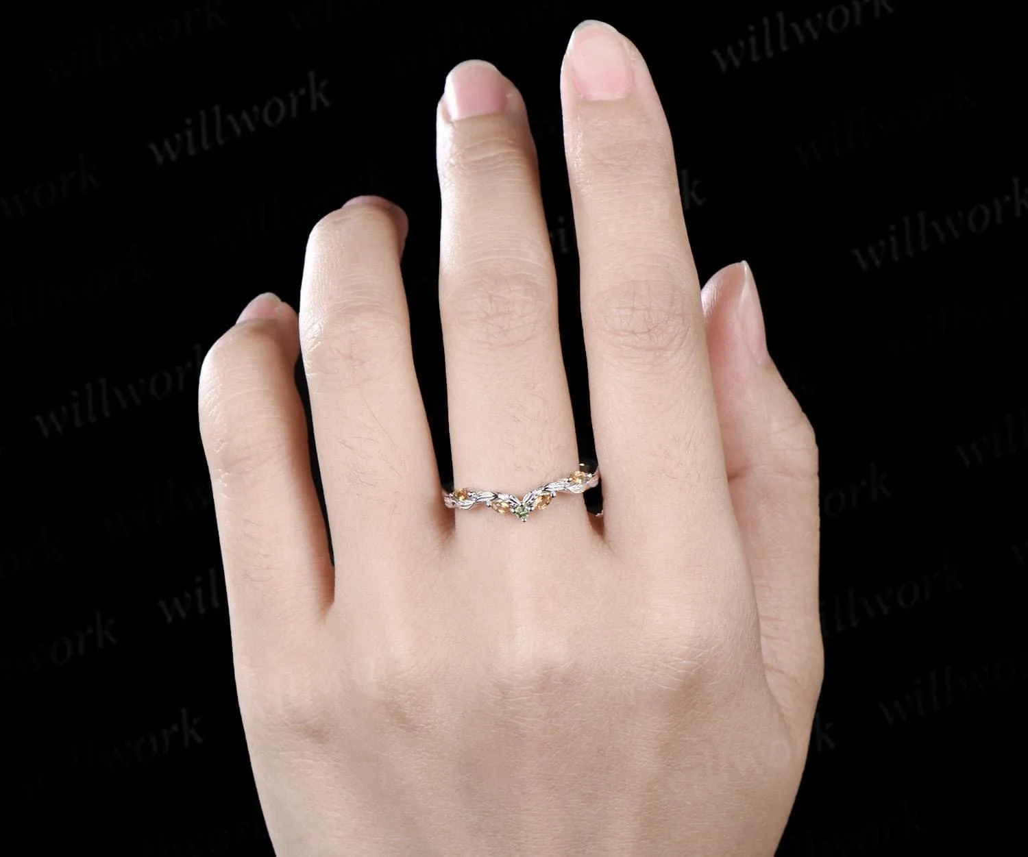 Curved citrine peridot wedding band leaf five stone stacking band bridal ring sold by Willwork Jewelry product image thumbnail 2