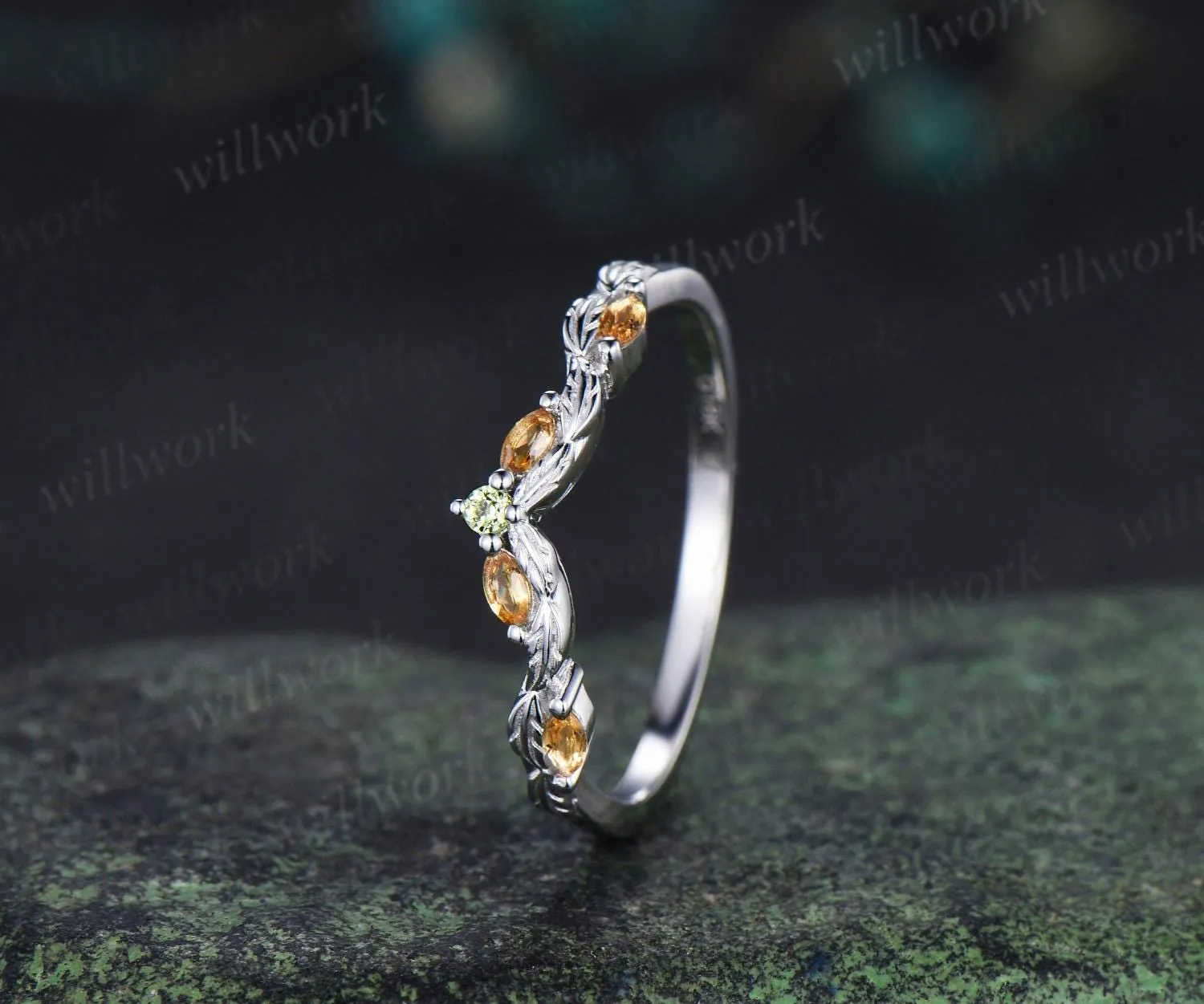 Curved citrine peridot wedding band leaf five stone stacking band bridal ring sold by Willwork Jewelry product image thumbnail 3
