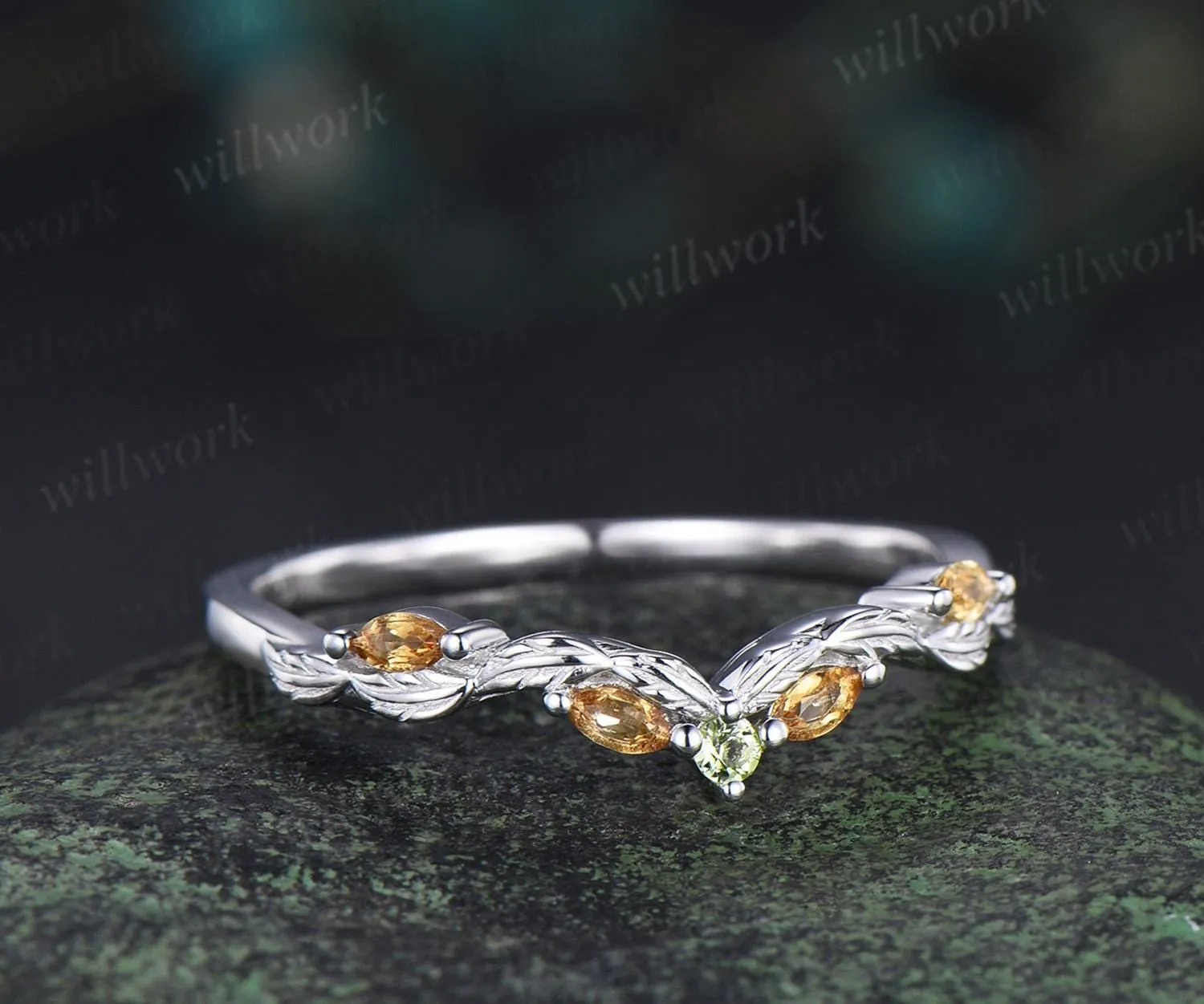 Curved citrine peridot wedding band leaf five stone stacking band bridal ring sold by Willwork Jewelry product image thumbnail 4