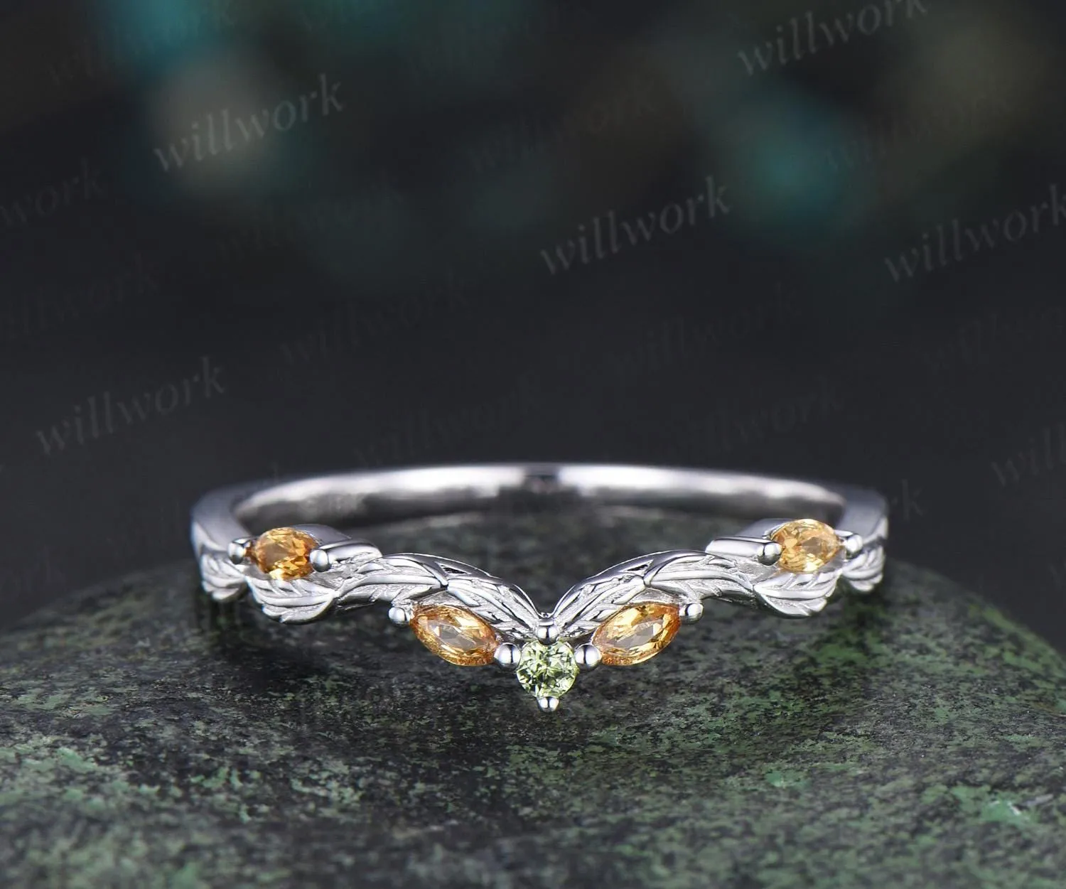 Curved citrine peridot wedding band leaf five stone stacking band bridal ring sold by Willwork Jewelry