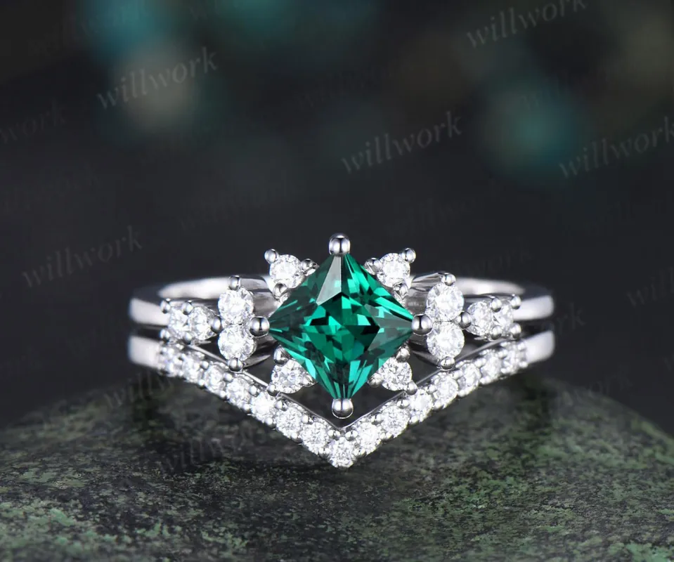 Princess cut red green emerald engagement ring cluster diamond wedding ring set women May birthstone sold by Willwork Jewelry