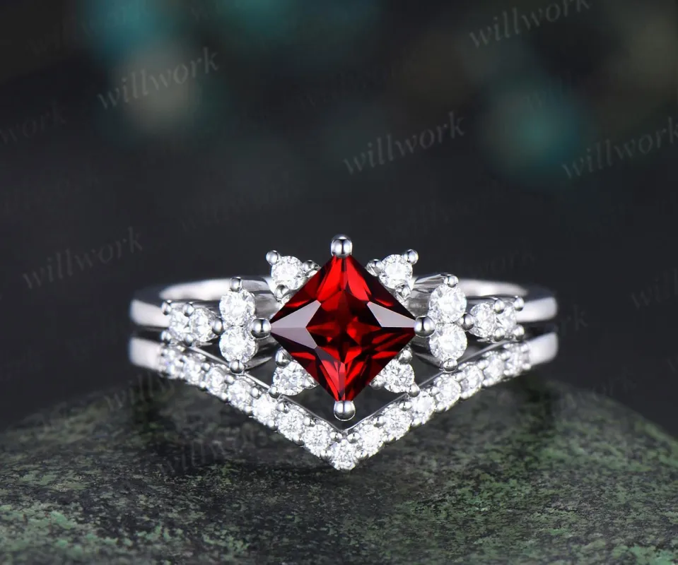 Princess cut red garnet engagement ring cluster diamond wedding ring set women January birthstone sold by Willwork Jewelry