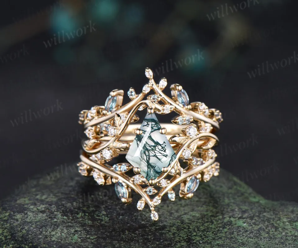 3pcs kite cut natural moss agate engagement ring yellow gold leaf cluster nature inspired alexandrite wedding bridal ring set women sold by Willwork Jewelry