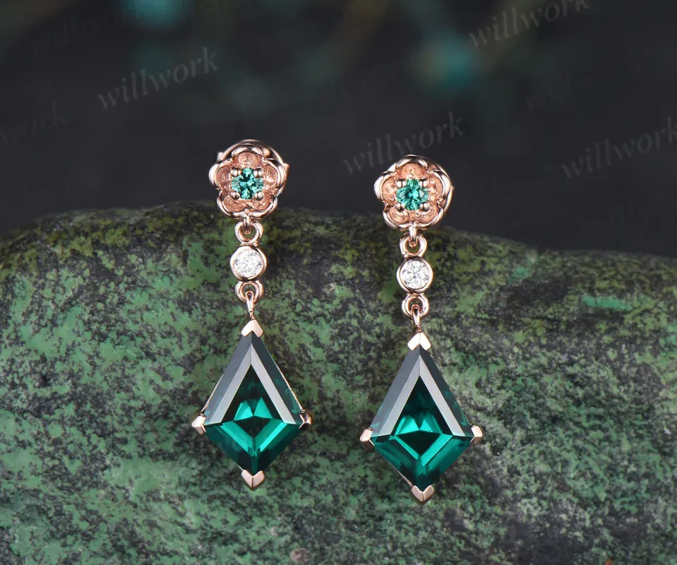 Kite cut emerald floral drop earrings elegant three stone dangle earrings for women made by Willwork Jewelry