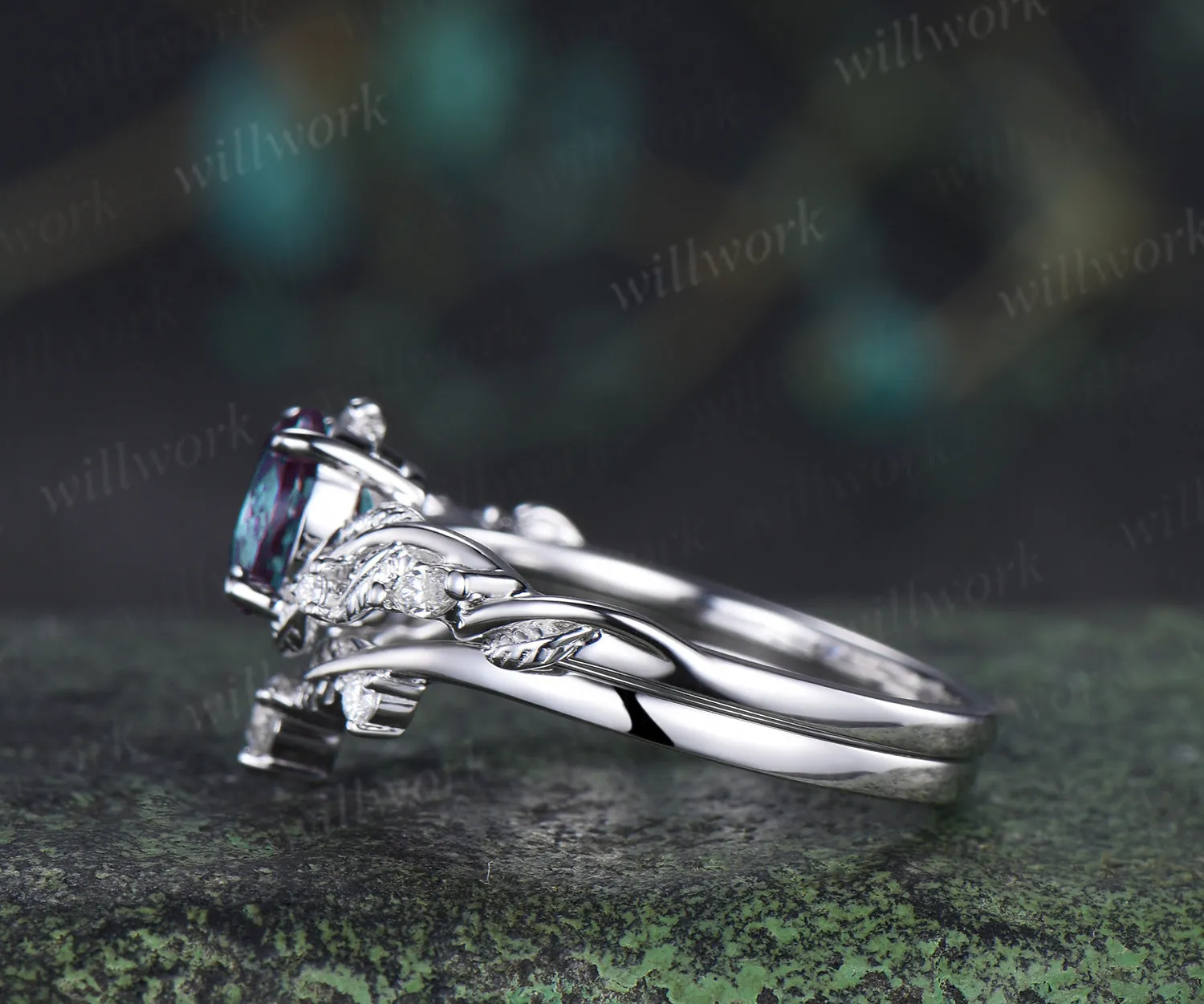 1ct round cut alexandrite engagement ring set twig leaf moissanite accent ring nature inspired bridal set sold by Willwork Jewelry product image thumbnail 5