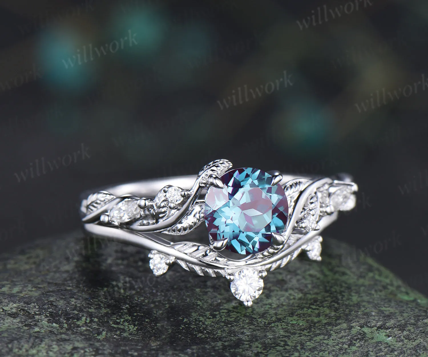 1ct round cut alexandrite engagement ring set twig leaf moissanite accent ring nature inspired bridal set sold by Willwork Jewelry product image thumbnail 3