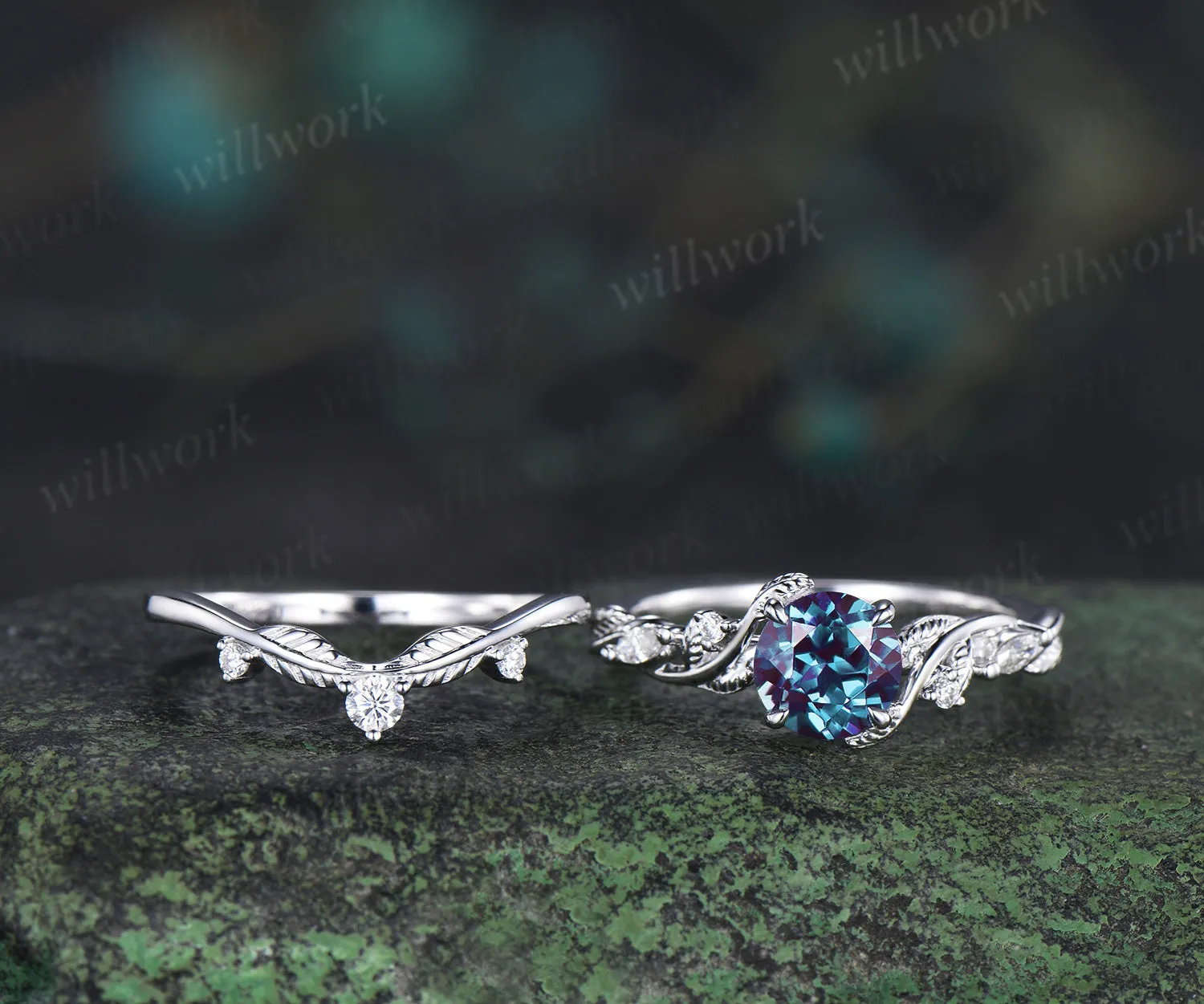 1ct round cut alexandrite engagement ring set twig leaf moissanite accent ring nature inspired bridal set sold by Willwork Jewelry product image thumbnail 4