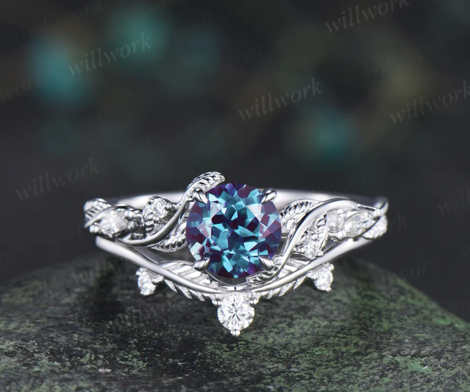 1ct round cut alexandrite engagement ring set twig leaf moissanite accent ring nature inspired bridal set sold by Willwork Jewelry
