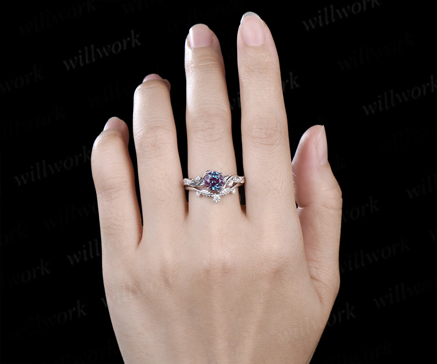 1ct round cut alexandrite engagement ring set twig leaf moissanite accent ring nature inspired bridal set sold by Willwork Jewelry product image thumbnail 2