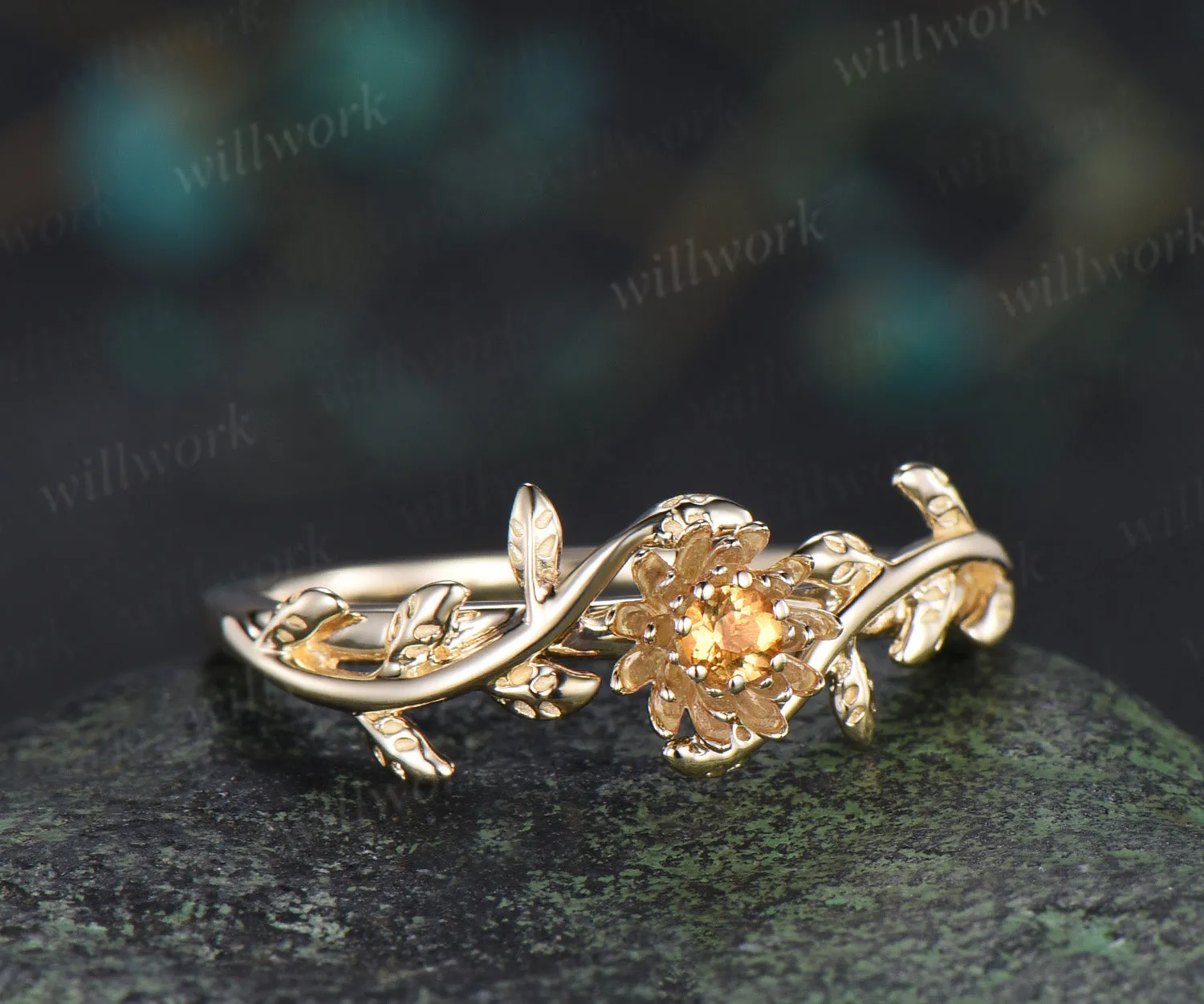 Dainty round citrine flower engagement ring twig leaf vine ring personalized jewelry for her sold by Willwork Jewelry product image thumbnail 3