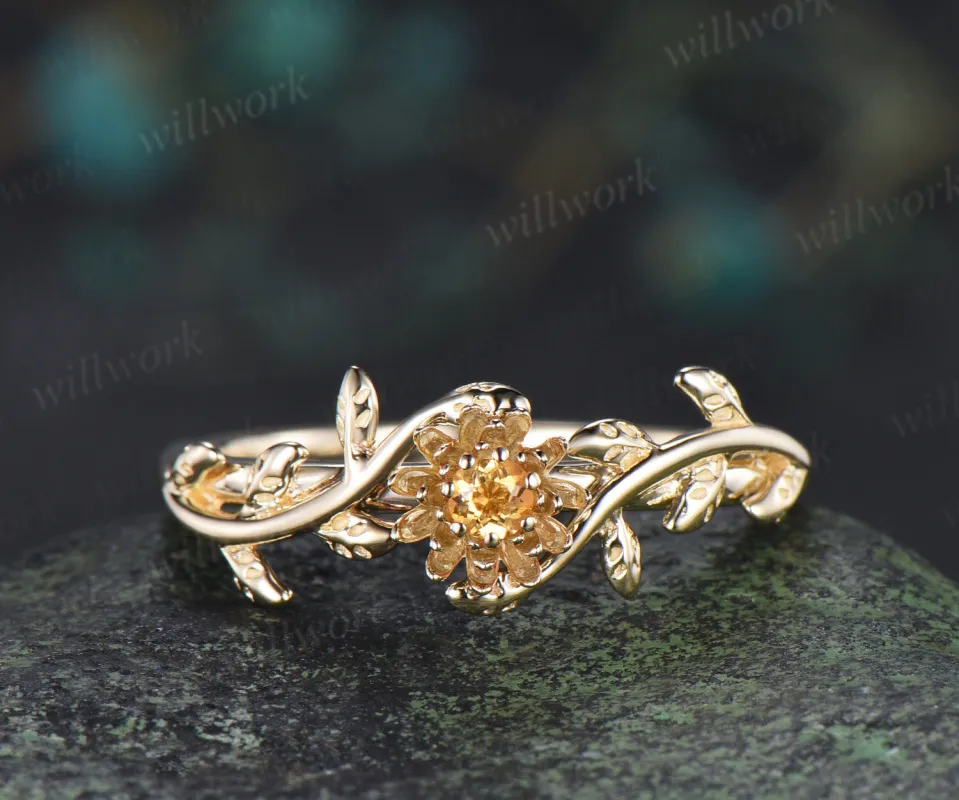 Dainty round citrine flower engagement ring twig leaf vine ring personalized jewelry for her sold by Willwork Jewelry