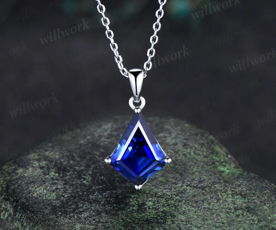 10x13mm kite cut blue sapphire necklace minimalist solitaire blue gemstone pendant September jewelry gifts sold by Willwork Jewelry