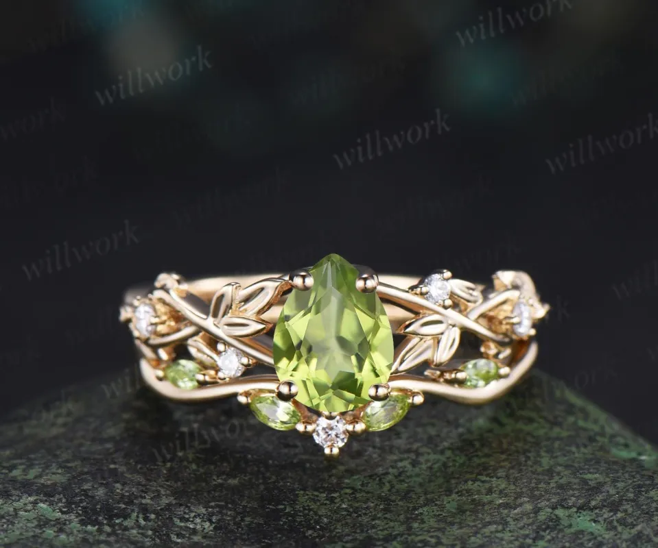 Teardrop pear shaped peridot ring vintage infinity leaf engagement ring set bridal ring set women jewelry sold by Willwork Jewelry