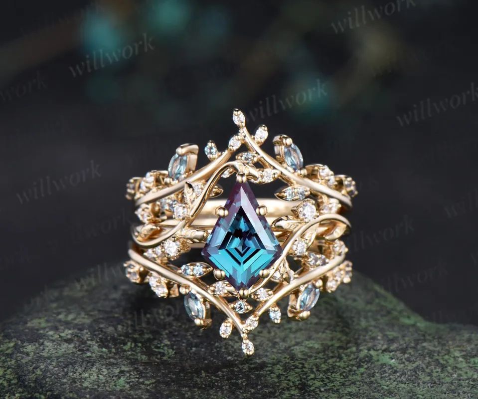 Vintage kite cut alexandrite engagement ring leaf cluster nature inspired moissanite promise anniversary ring set jewelry sold by Willwork Jewelry
