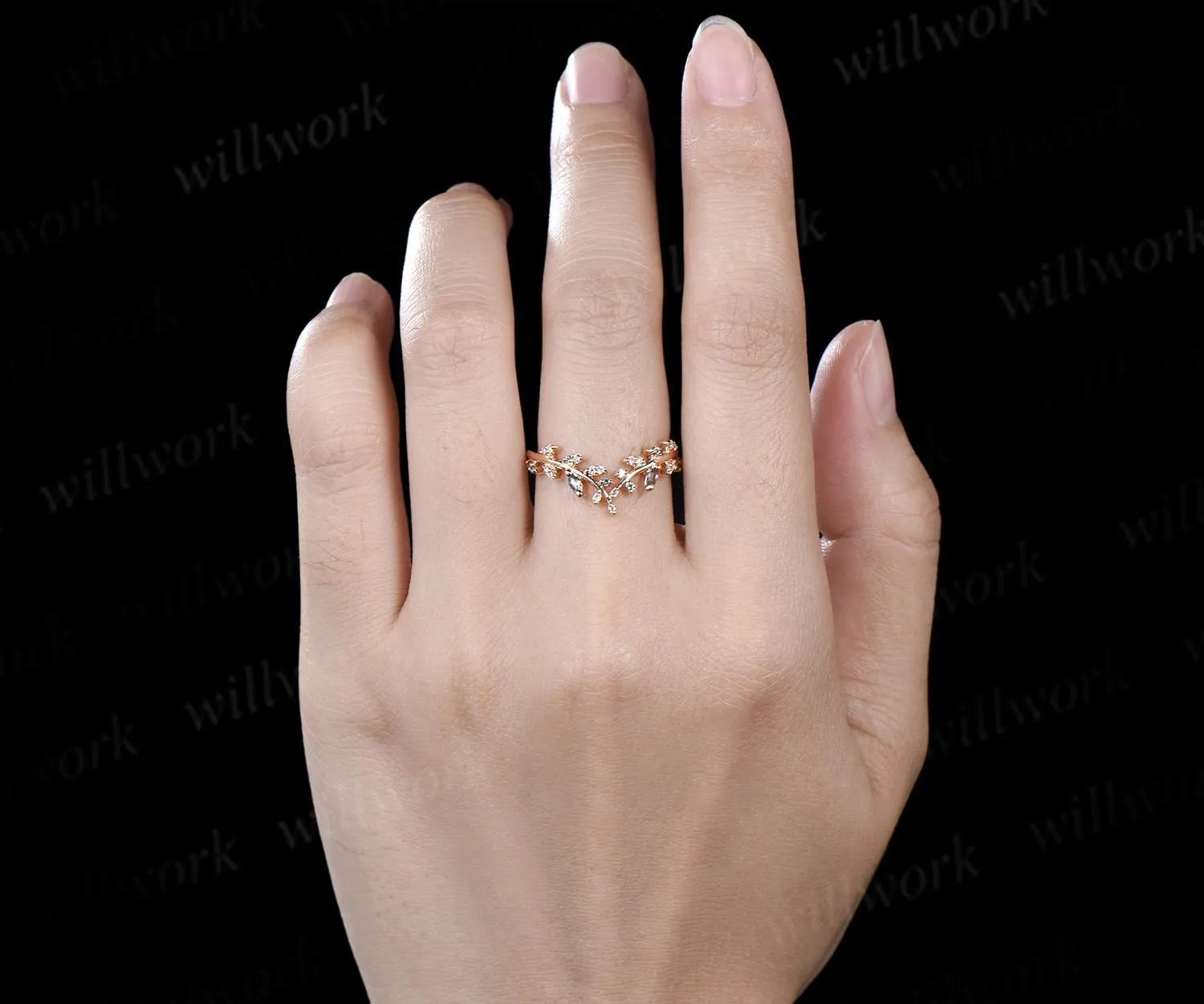 Leaf marquise alexandrite moissanite curved wedding band cluster stacking bridal ring women sold by Willwork Jewelry product image thumbnail 2