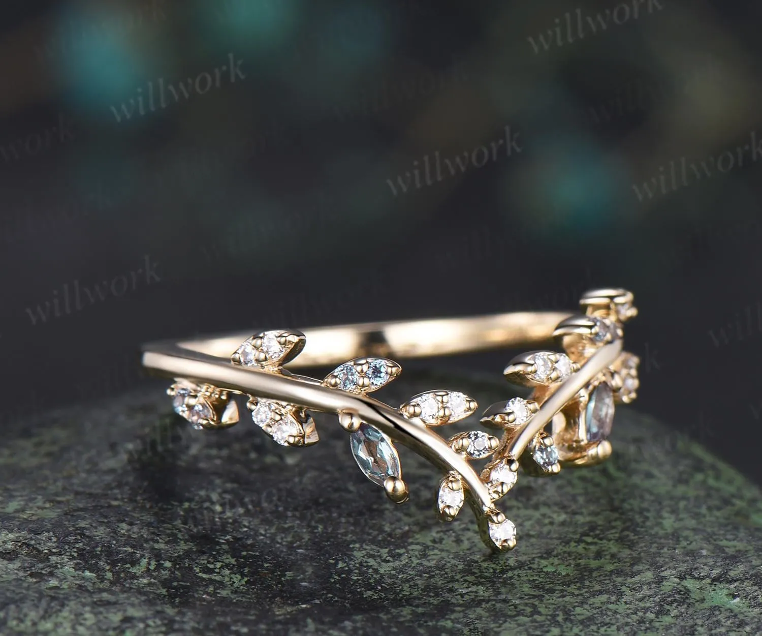 Leaf marquise alexandrite moissanite curved wedding band cluster stacking bridal ring women sold by Willwork Jewelry product image thumbnail 4