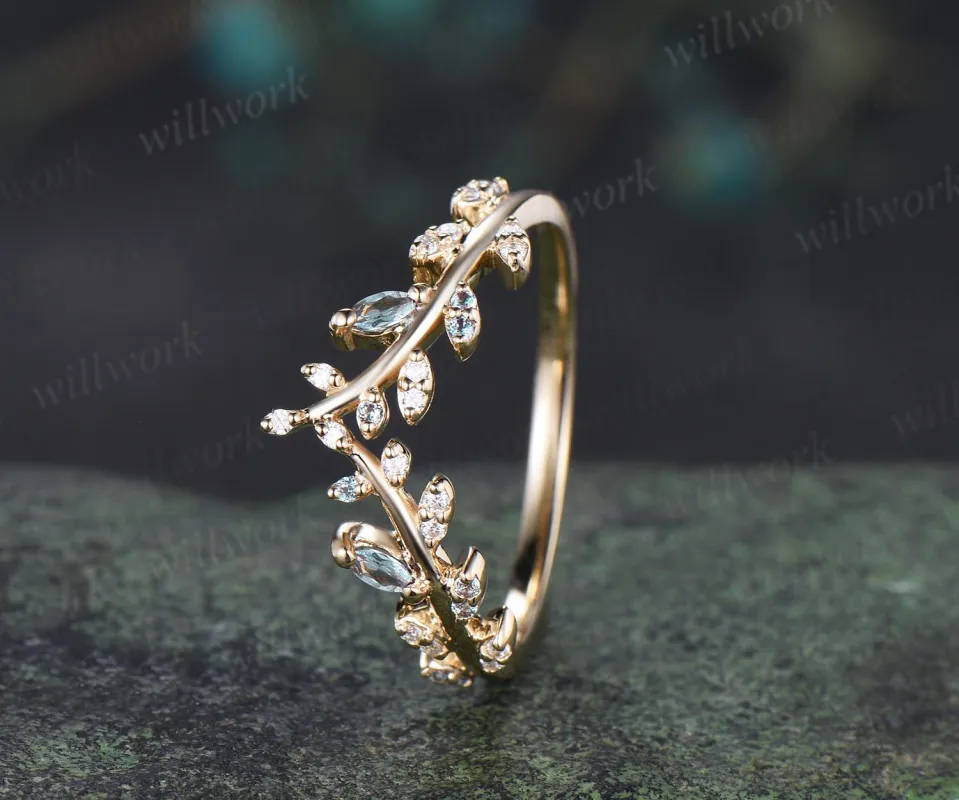 Leaf marquise alexandrite moissanite curved wedding band cluster stacking bridal ring women sold by Willwork Jewelry