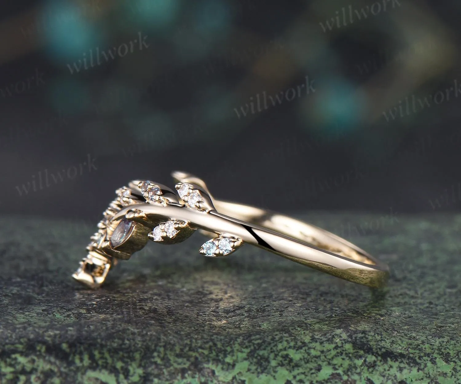 Leaf marquise alexandrite moissanite curved wedding band cluster stacking bridal ring women sold by Willwork Jewelry product image thumbnail 5