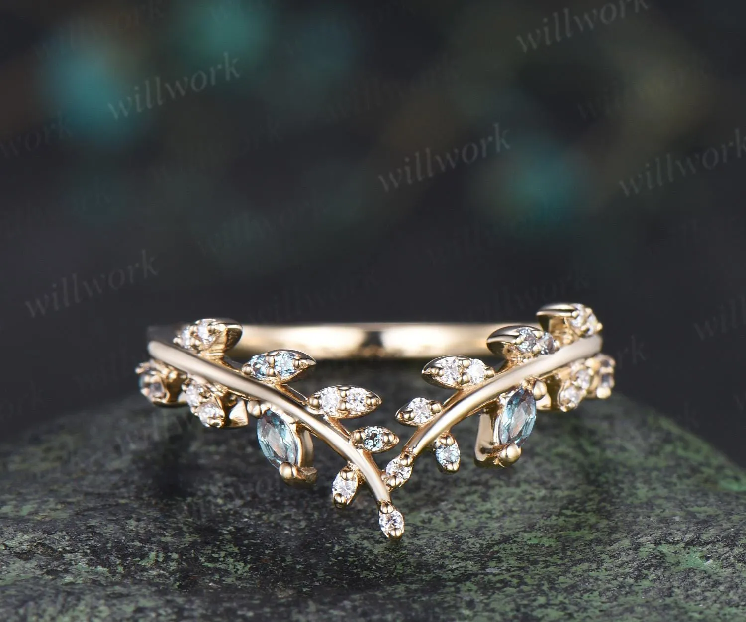 Leaf marquise alexandrite moissanite curved wedding band cluster stacking bridal ring women sold by Willwork Jewelry product image thumbnail 3