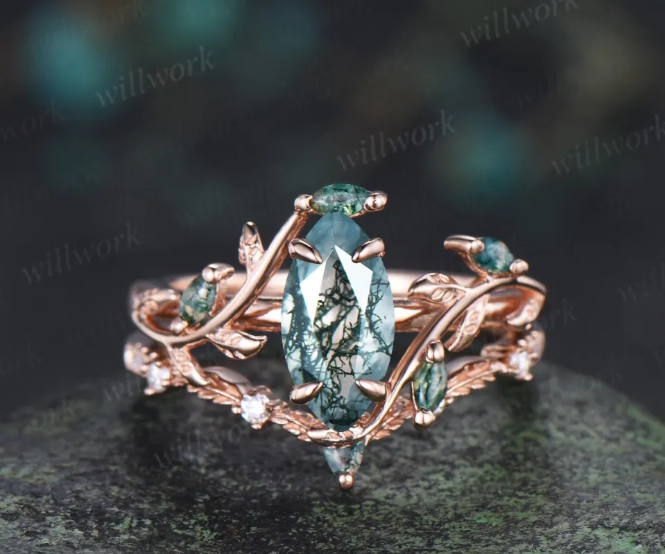 1ct marquise cut natural moss agate engagement ring vintage branch leaf nature inspired bridal wedding ring set jewelry sold by Willwork Jewelry