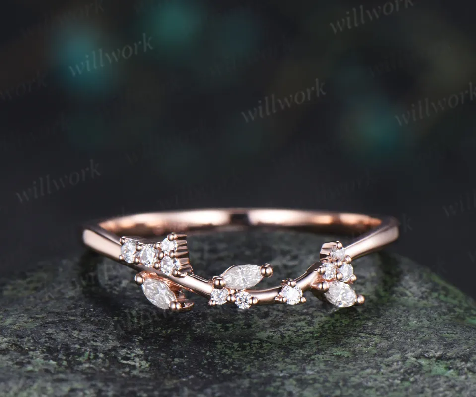 Marquise diamonds cluster wedding band curved leaf inspired stacking ring for women sold by Willwork Jewelry