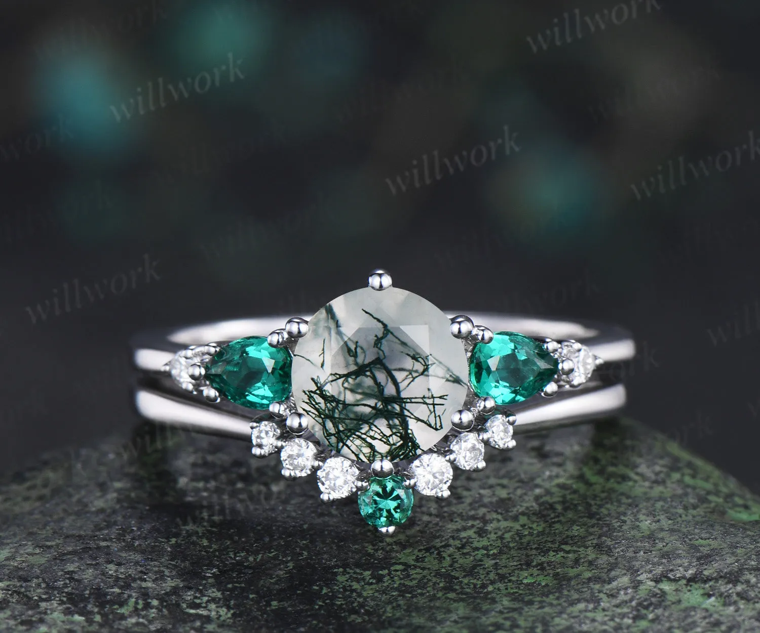 Unique round moss agate engagement ring set five stone pear emeralds moissanite accent ring curved matching band sold by Willwork Jewelry