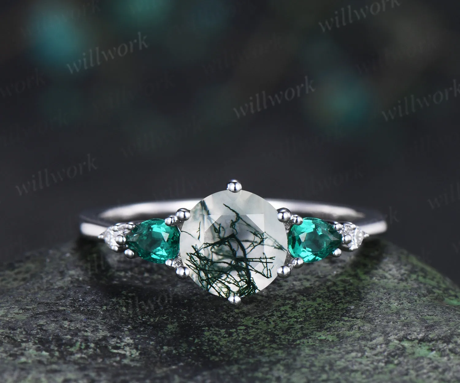 Unique round moss agate engagement ring set five stone pear emeralds moissanite accent ring curved matching band sold by Willwork Jewelry product image thumbnail 5