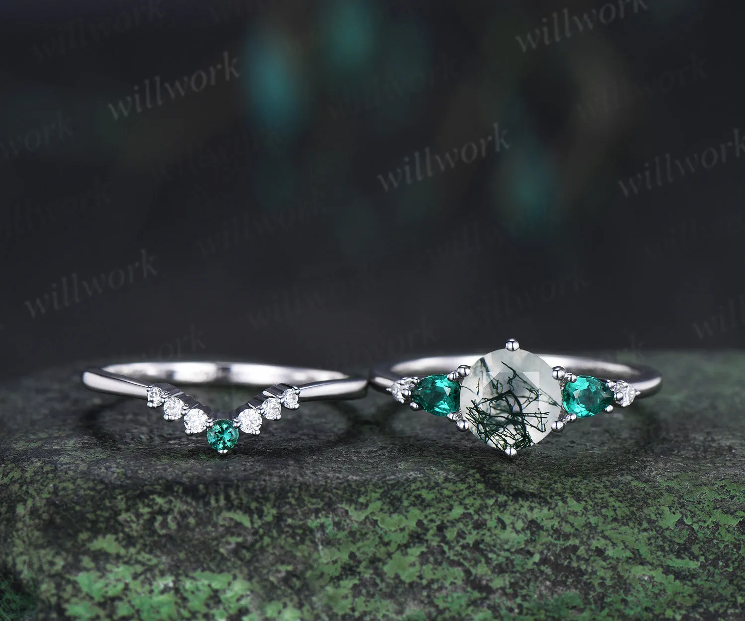 Unique round moss agate engagement ring set five stone pear emeralds moissanite accent ring curved matching band sold by Willwork Jewelry product image thumbnail 4