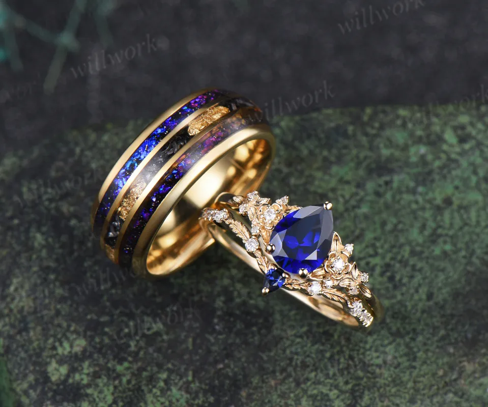 Nature Inspired Pear Sapphire Leaf Twig Ring Set & Tungsten Galaxy Nebula Men Blue Sandstone Band Couple Ring Set sold by Willwork Jewelry