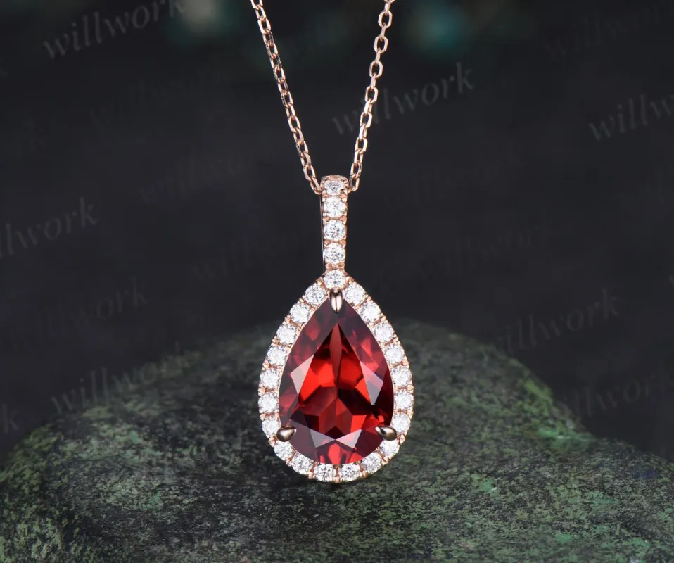 4ct teardrop pear cut red garnet necklace vintage unique halo diamond necklace pendant women promise anniversary gift sold by Willwork Jewelry