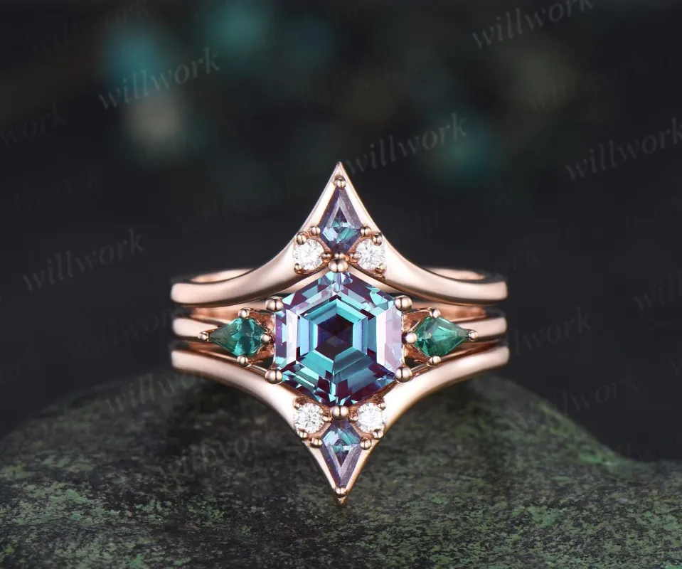 Hexagon cut Alexandrite engagement ring kite emerald three stone 6 prong enhancer wedding bridal ring set sold by Willwork Jewelry