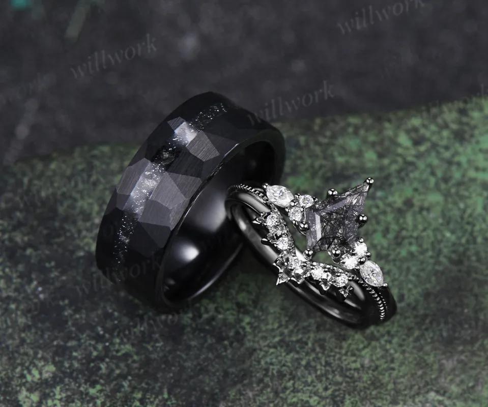 Kite Cut Black Rutilated Quartz Engagement Ring Set & Black Tungsten Hammered Mens Ring His & Her Couple Rings sold by Willwork Jewelry