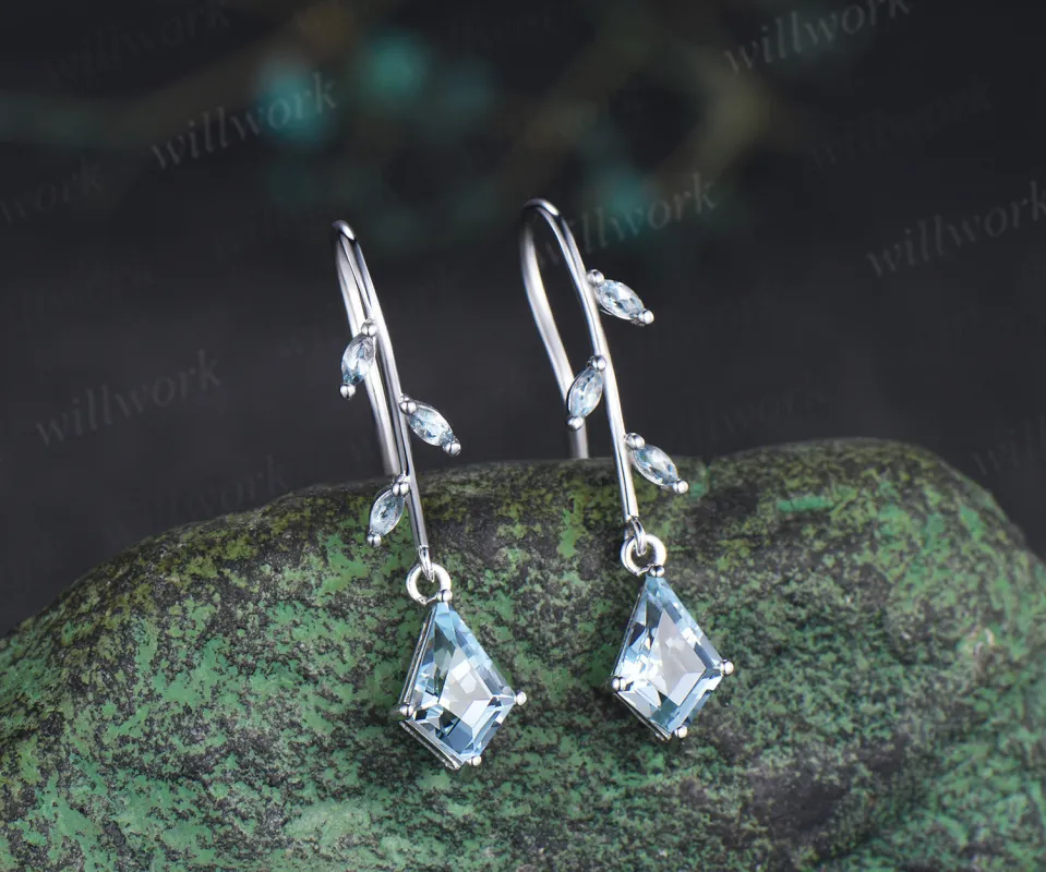 Kite cut natural aquamarine drop earrings leaf marquise aquarmaine dangle earrings for women sold by Willwork Jewelry