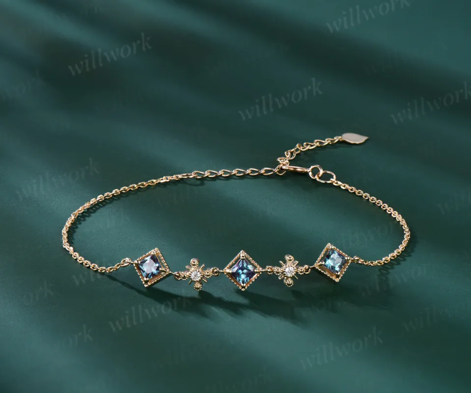 Milgrain Princess Cut Alexandrite Bracelet Vintage 14k Yellow Gold Five Stone Bracelet June Birthstone Color Change Stone Bridal Bracelet sold by Willwork Jewelry
