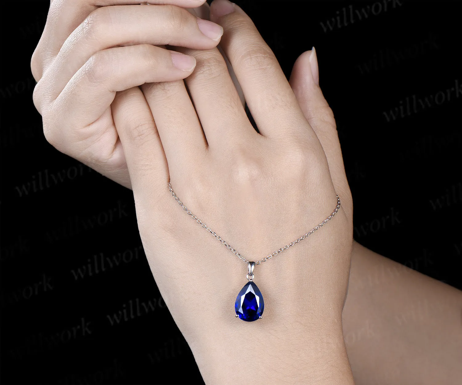 6ct pear cut blue sapphire necklace solid 14k 18k white gold solitaire pendant September birthstone anniversary bridal gift mother sold by Willwork Jewelry product image thumbnail 4
