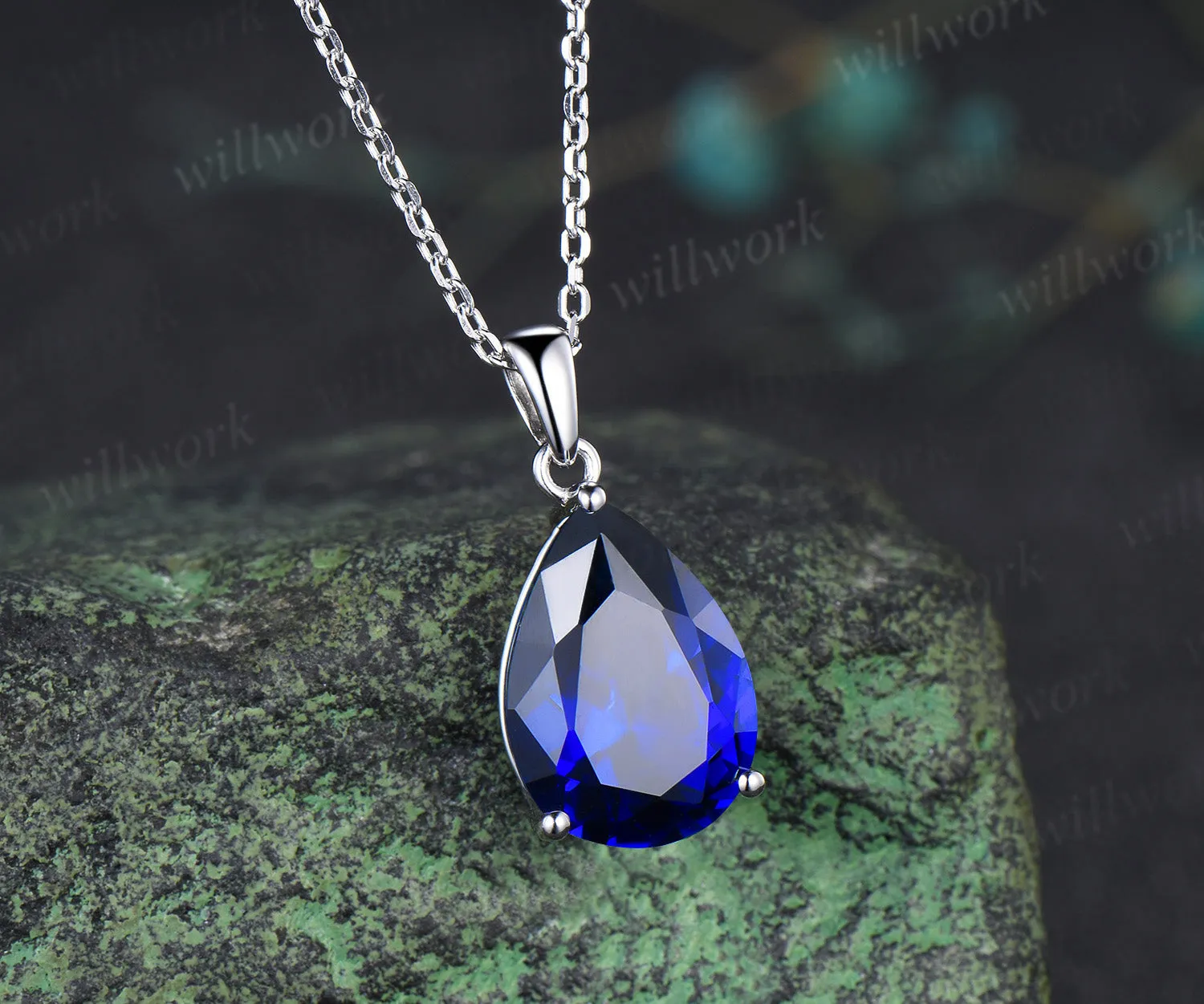 6ct pear cut blue sapphire necklace solid 14k 18k white gold solitaire pendant September birthstone anniversary bridal gift mother sold by Willwork Jewelry product image thumbnail 2