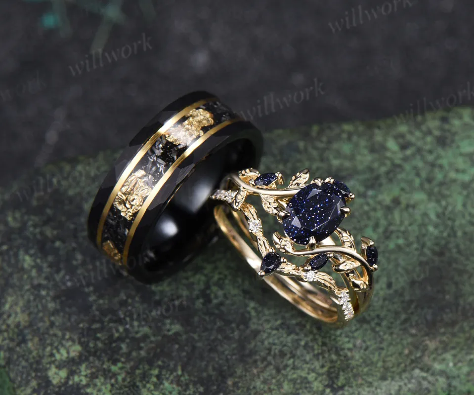 Nature Inspired Oval Blue Sandstone Leaf Ring Set & Tungsten Gold Flakes Men's Ring Unique Couple Wedding Rings sold by Willwork Jewelry
