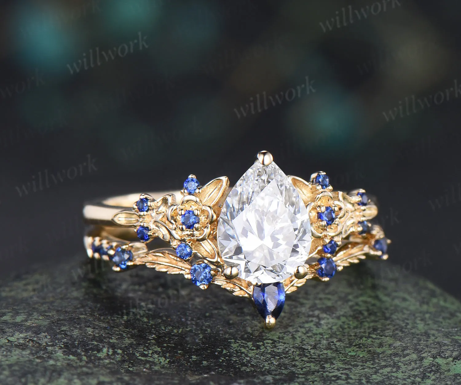 Vintage Pear IGI Lab Grown Diamond Engagement Ring Set Leaf Froral Blue Sapphire Accent Ring Nature Inspired Bridal Set sold by Willwork Jewelry product image thumbnail 3