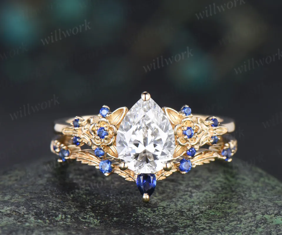 Vintage Pear IGI Lab Grown Diamond Engagement Ring Set Leaf Froral Blue Sapphire Accent Ring Nature Inspired Bridal Set sold by Willwork Jewelry