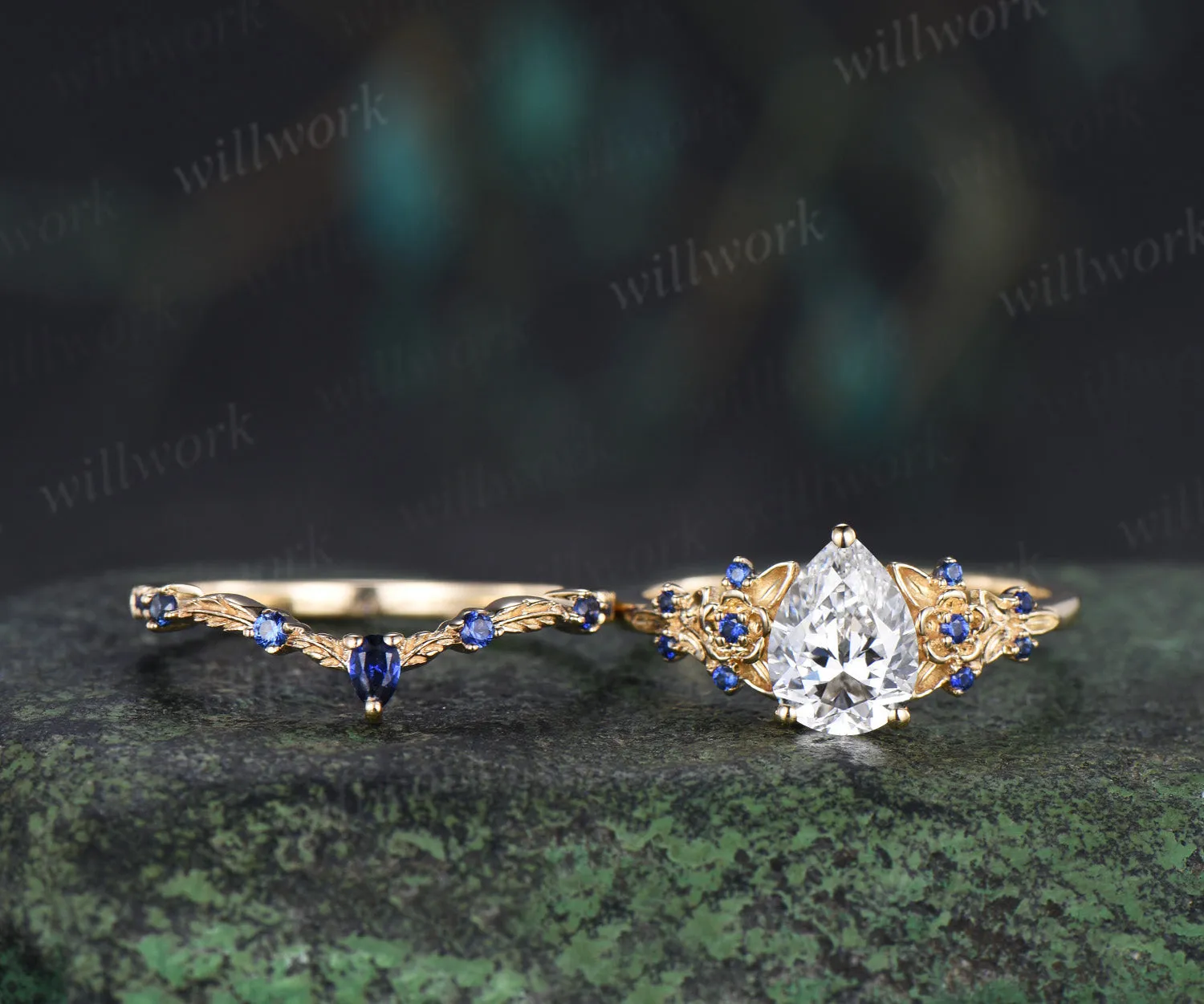 Vintage Pear IGI Lab Grown Diamond Engagement Ring Set Leaf Froral Blue Sapphire Accent Ring Nature Inspired Bridal Set sold by Willwork Jewelry product image thumbnail 4