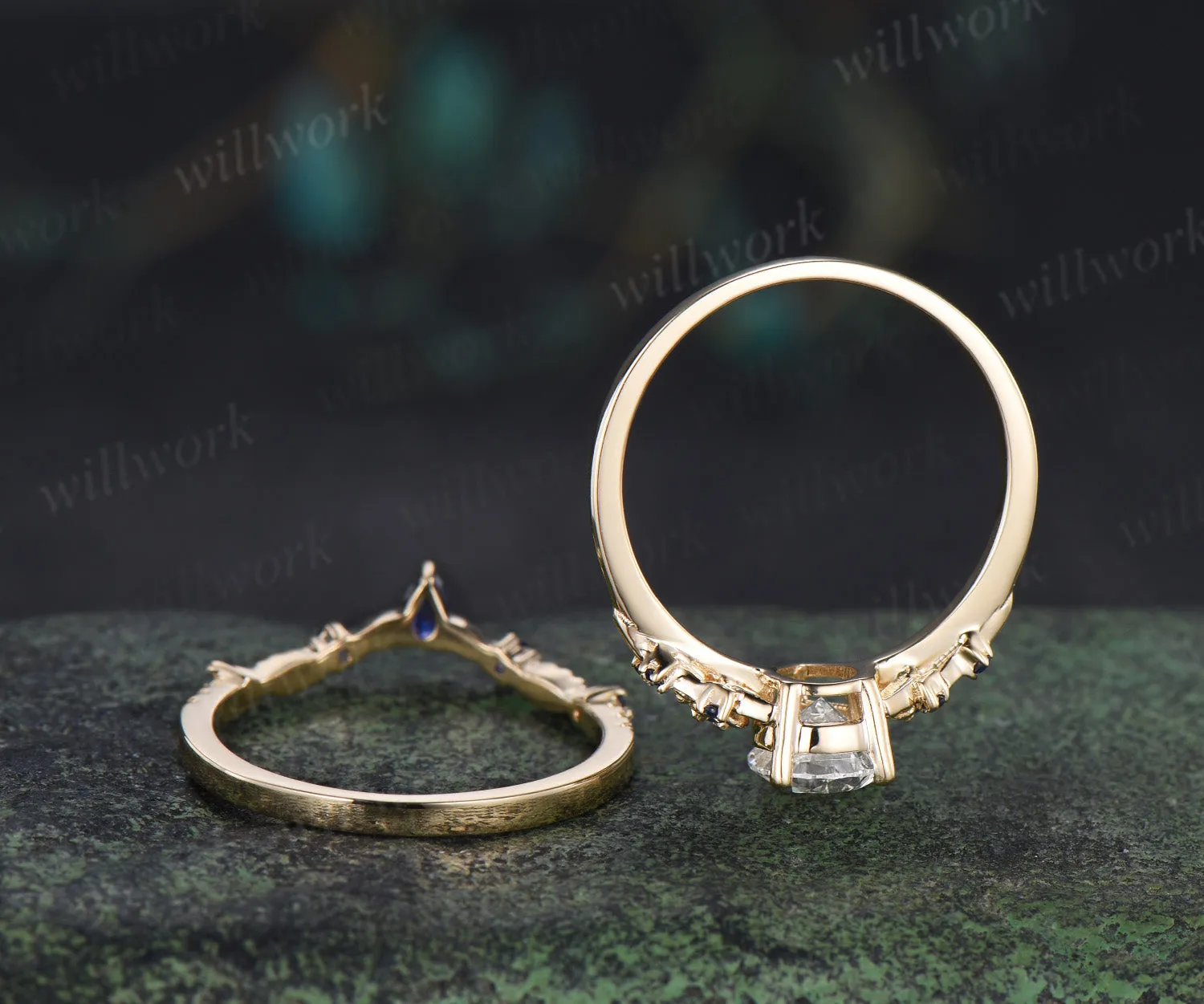 Vintage Pear IGI Lab Grown Diamond Engagement Ring Set Leaf Froral Blue Sapphire Accent Ring Nature Inspired Bridal Set sold by Willwork Jewelry product image thumbnail 5