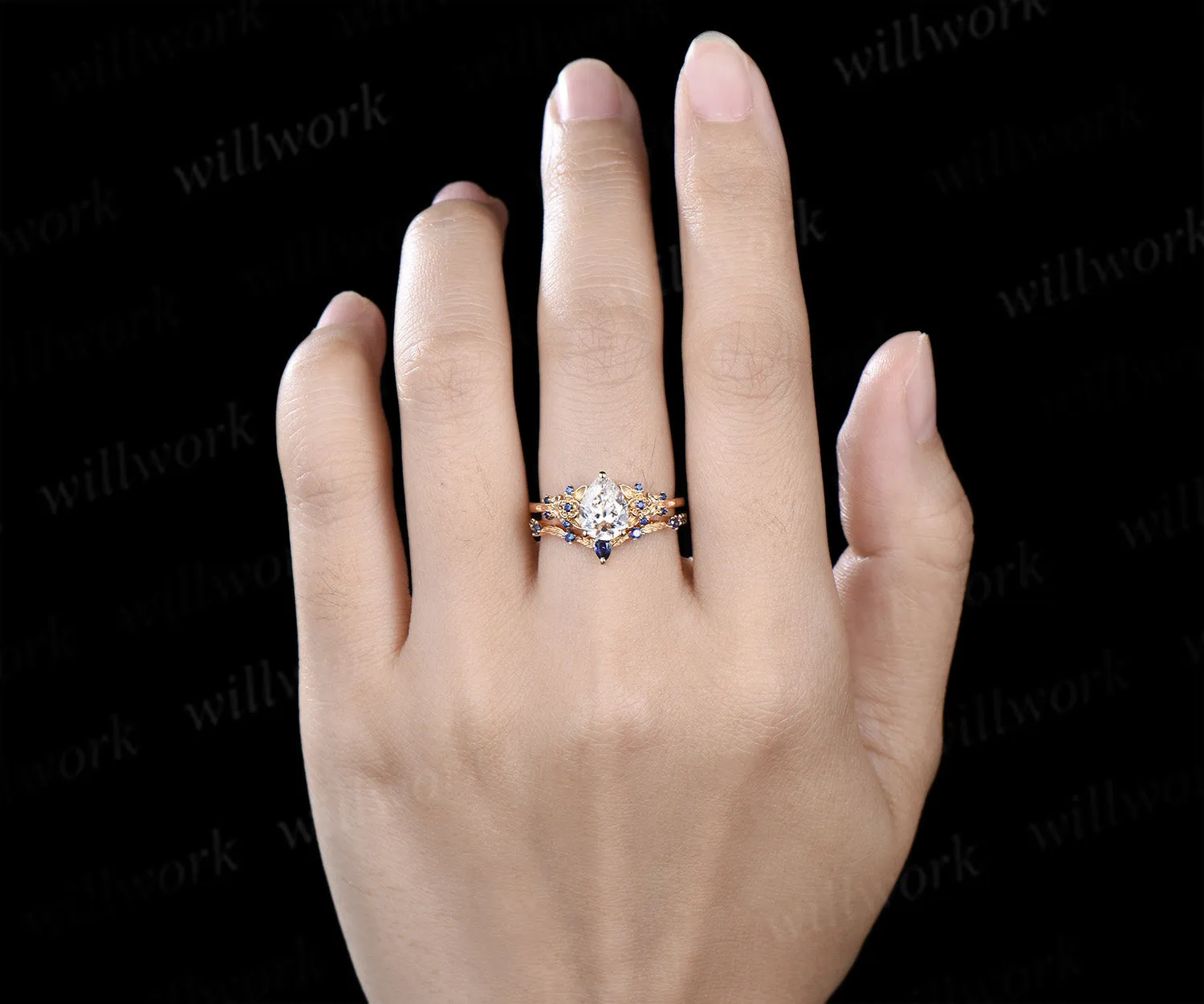 Vintage Pear IGI Lab Grown Diamond Engagement Ring Set Leaf Froral Blue Sapphire Accent Ring Nature Inspired Bridal Set sold by Willwork Jewelry product image thumbnail 2