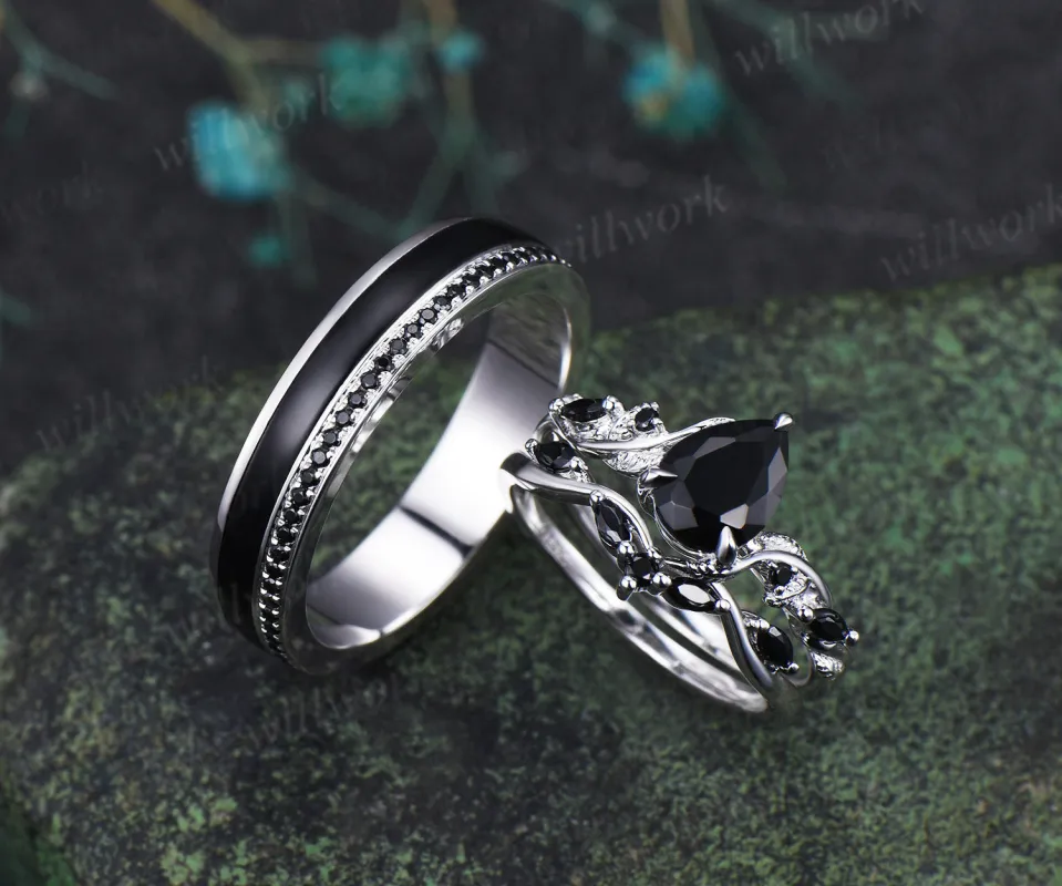 Pear Cut Black Onyx Leaf Twig Bridal Ring Set & Full Eternity Black Onyx Black Spinels Men Ring Unique Couple Ring Set sold by Willwork Jewelry