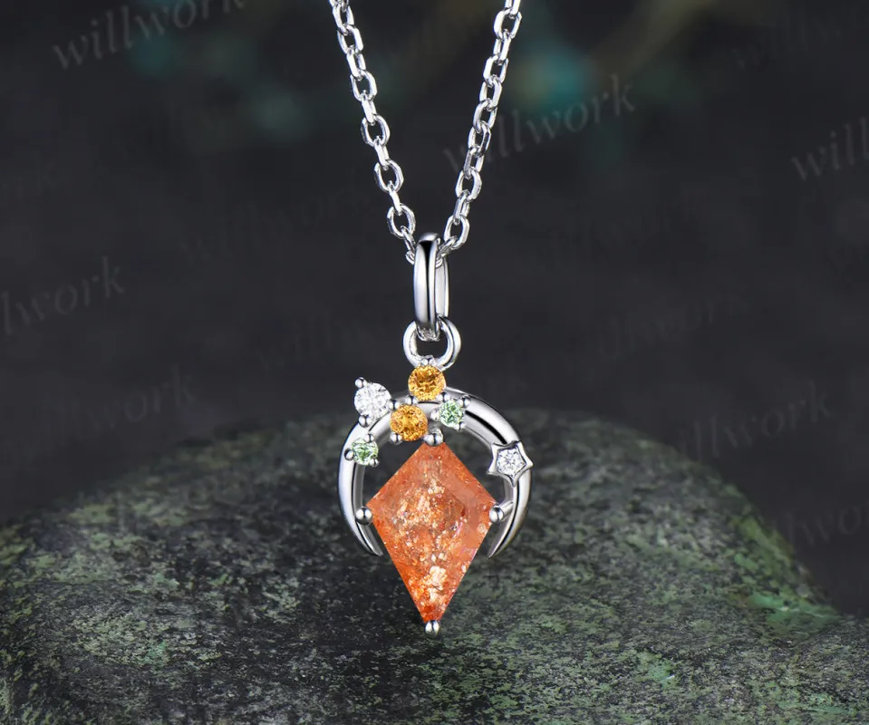 Kite cut sunstone necklace unique moon star citrine peridot accent pendant necklace for women sold by Willwork Jewelry
