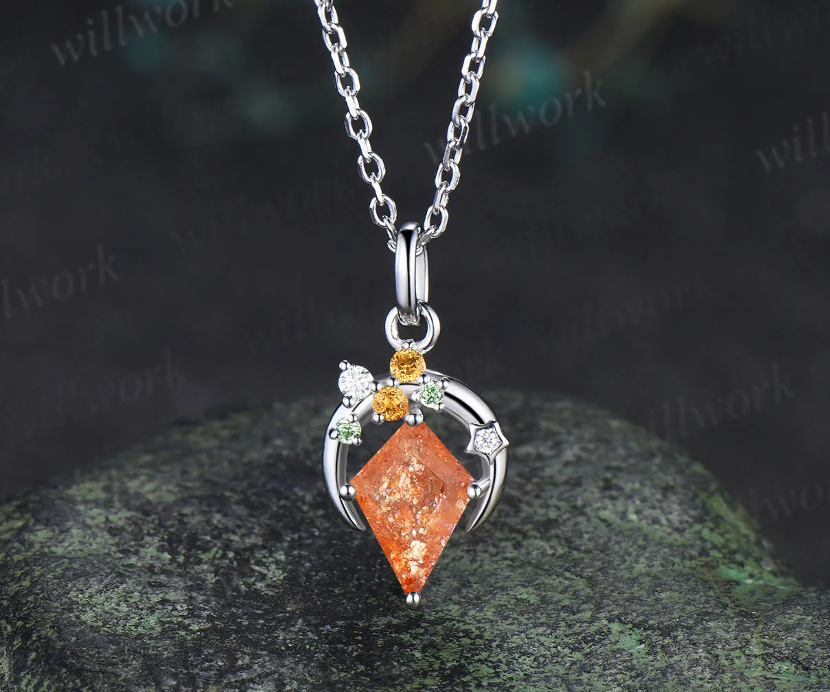 Kite cut sunstone necklace unique moon star citrine peridot accent pendant necklace for women sold by Willwork Jewelry