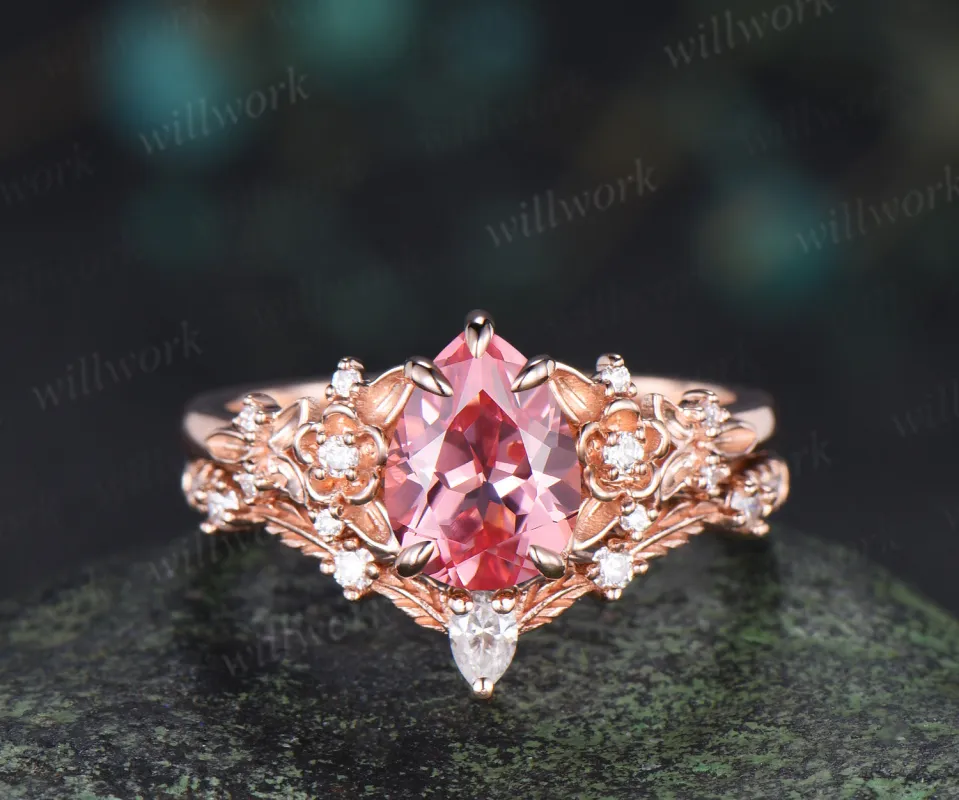 Vintage pear padparadscha pink sapphire bridal set 5 claw prong leaf floral moissanite wedding promise ring sold by Willwork Jewelry