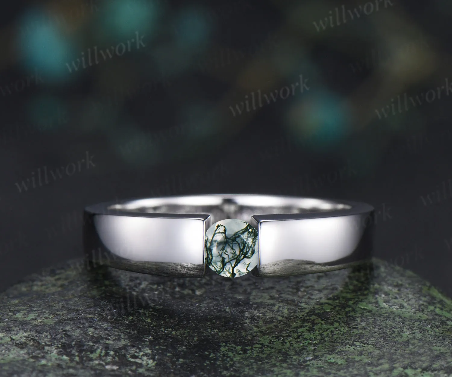 Minimalist Solitaire Moss Agate Men’s & Women’s Rings Round Moss Agate Couple Ring Set sold by Willwork Jewelry product image thumbnail 5