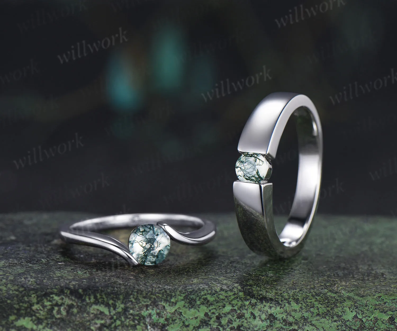 Minimalist Solitaire Moss Agate Men’s & Women’s Rings Round Moss Agate Couple Ring Set sold by Willwork Jewelry product image thumbnail 4