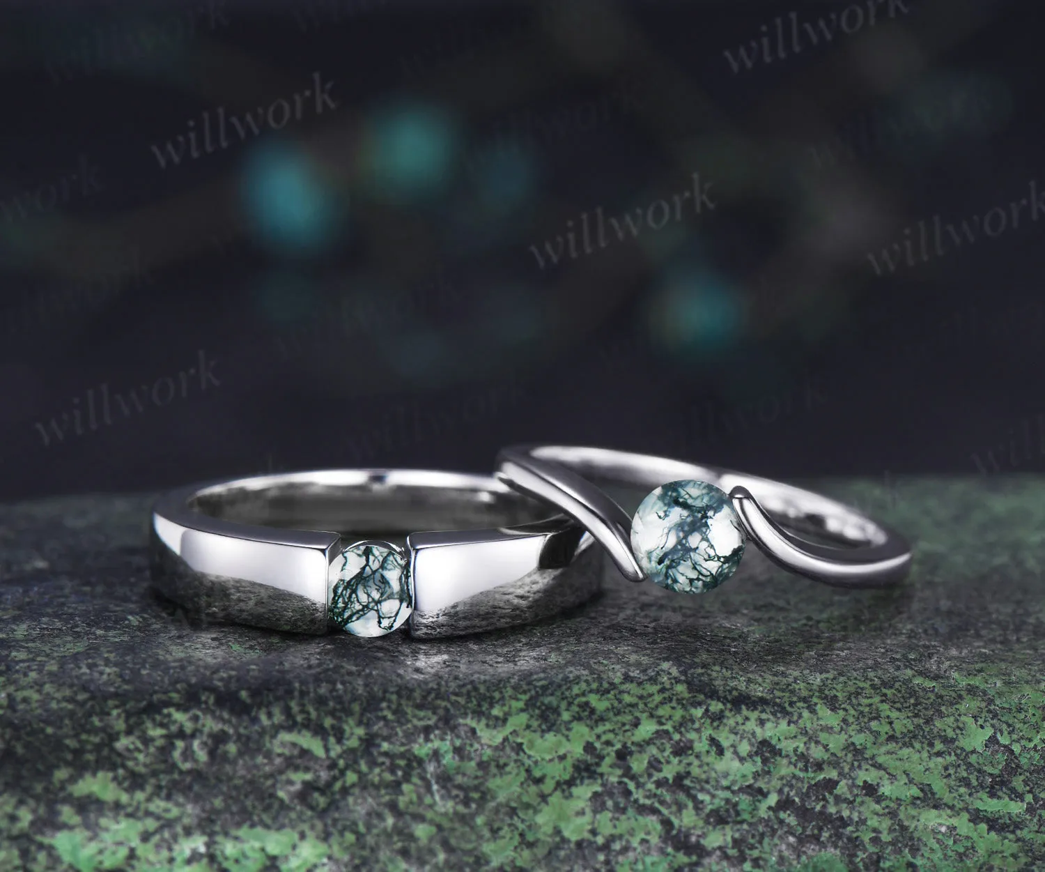 Minimalist Solitaire Moss Agate Men’s & Women’s Rings Round Moss Agate Couple Ring Set sold by Willwork Jewelry product image thumbnail 3