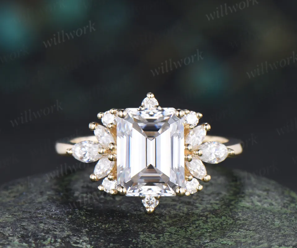 Emerald cut moissanite engagement ring unique cluster marquise pear moissanite promise wedding ring sold by Willwork Jewelry